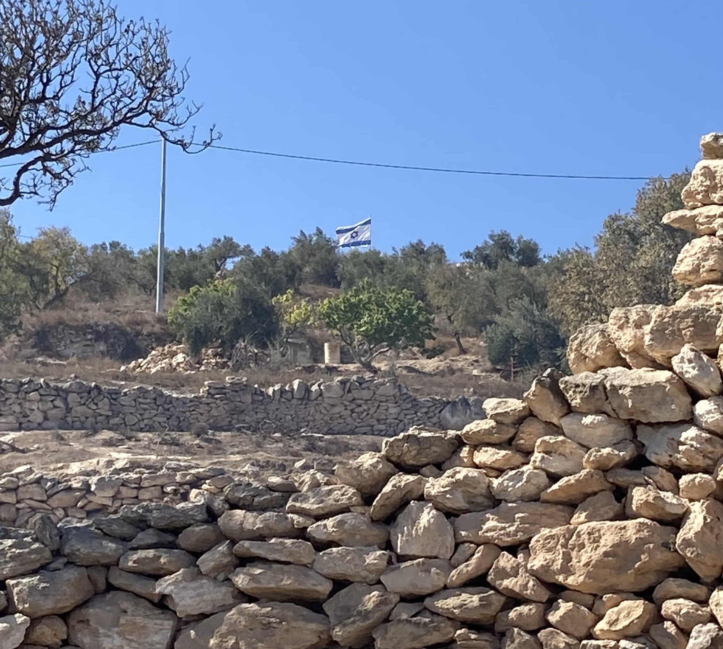 6. Closer view of Israeli flag_EAPPI Photo of a hill with olives trees and an Israeli flag on top of it.