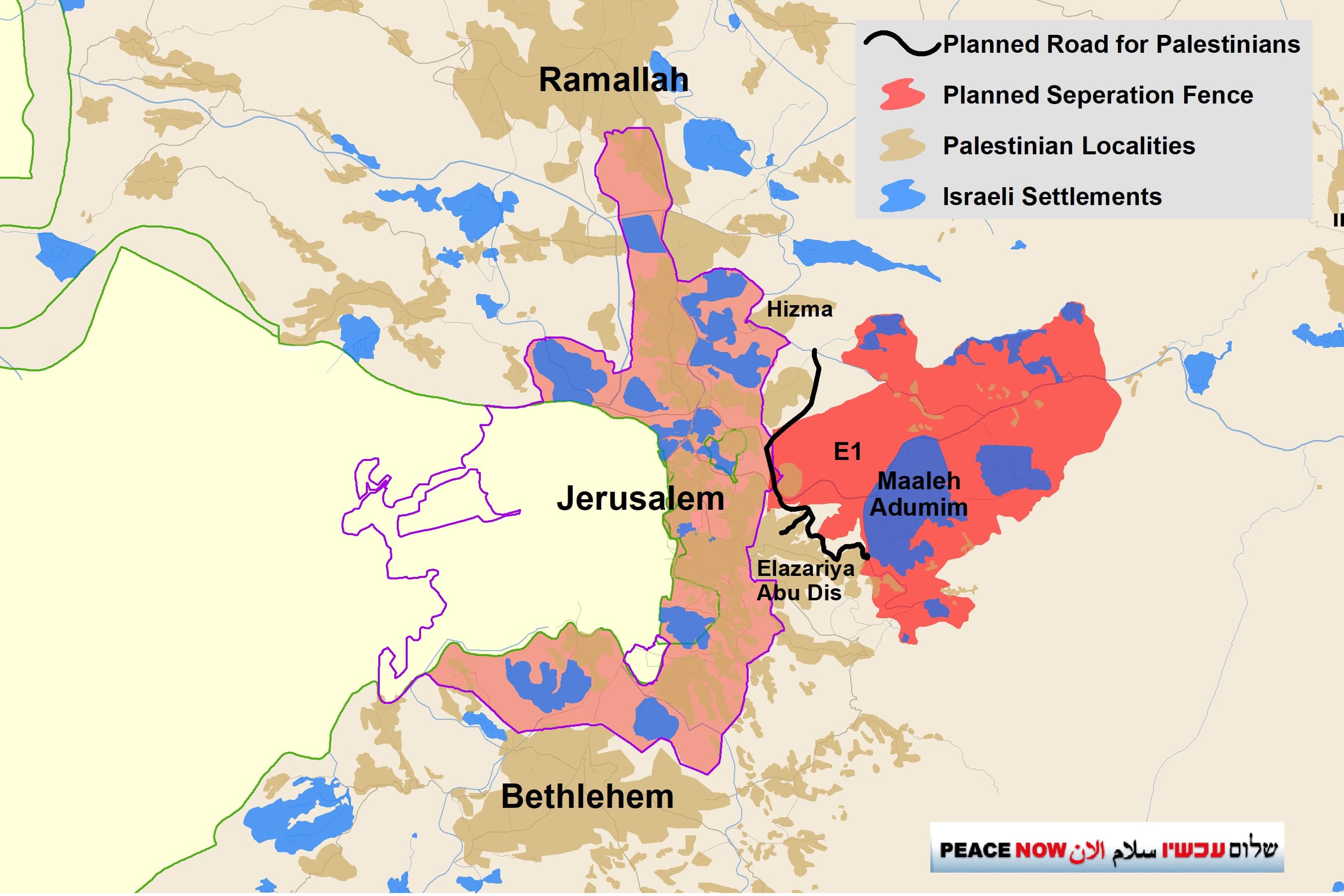 E1-and-the-Road-ENG-3390615785-min Map of the Jerusalem area showing Israeli settlements, Palestinian localities, planned separation fence, and a planned road for Palestinians. Palestinian localities are shaded brown, Israeli settlements in blue, and the planned separation fence in red. The map highlights the E1 area between Jerusalem and Maaleh Adumim, where the red planned separation fence connects the settlement to Jerusalem. A thick black line marks the planned Palestinian road bypassing Maaleh Adumim, running between Elazariya, Abu Dis, and Hizma. Ramallah is labeled to the north, Bethlehem to the south, and Jerusalem in the center. The logo of "Peace Now" appears in the bottom-right corner.